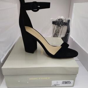 New in Box Marc Fisher Magali Black Suede Ankle Strap Sandal Heels Size 9 1/2